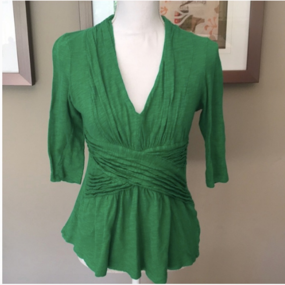 Anthropologie Deletta Green Ruched 3/4 Sleeve Top